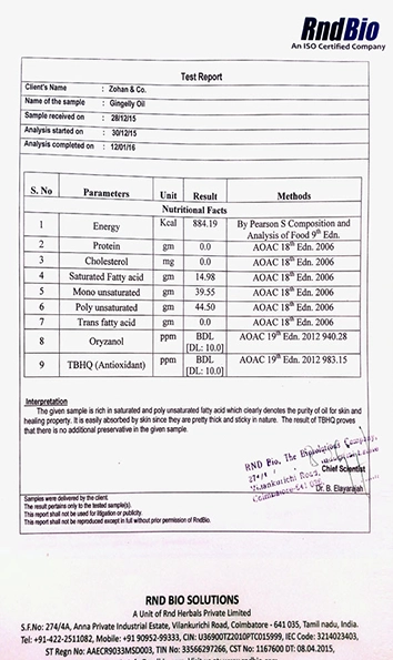 A nutrition test report with results of gingelly oil based on parameters, including energy, fats
