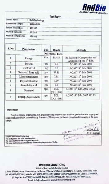 A nutrition test report with results of coconut oil based on parameters, including energy, fats