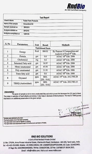 A nutrition test report with results of groundnut oil based on parameters, including energy, fats