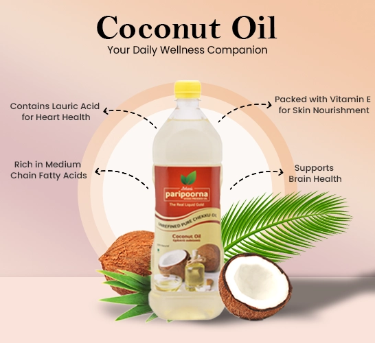 Advert showcasing pure coconut oil with health benefits, featuring a bottle, fresh coconut & palm leaves