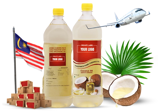White label organic virgin coconut oil bottles with Malaysian flag for export and supply in Malaysia