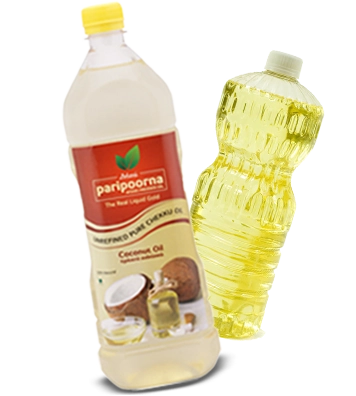 Two bottles of coconut oil sit side by side one clearly labeled, the other slightly tilted, unlabel