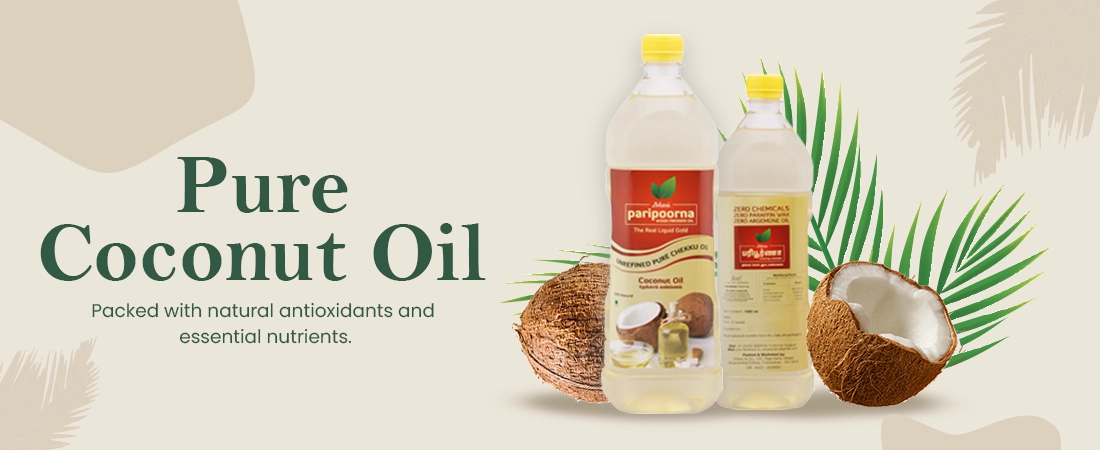 Advertisement banner for coconut oil with bottles and a split coconut on background with palm leaves.
