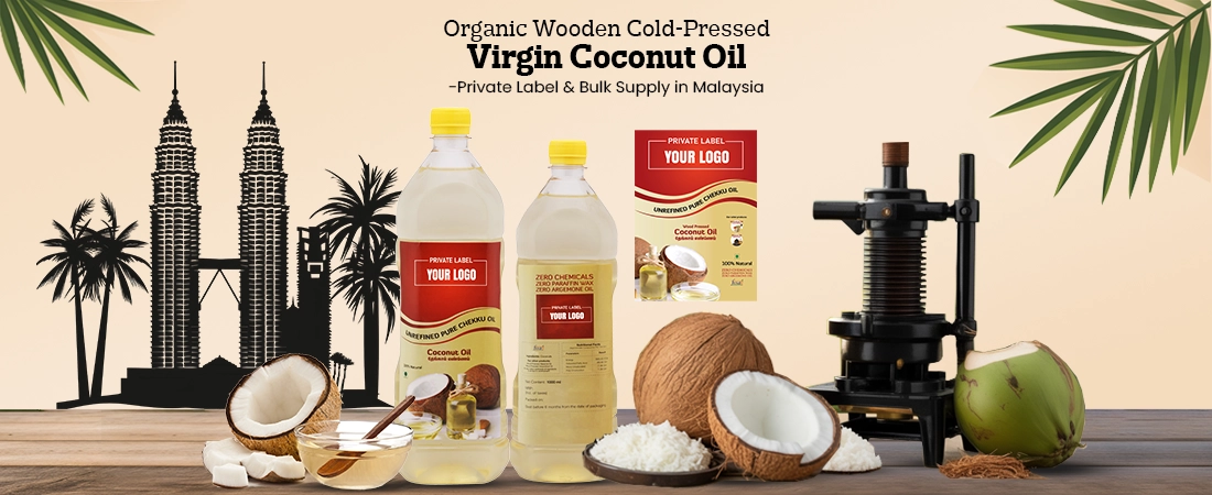 Organic wooden cold pressed coconut oil bottles with palm leaves & grinder for bulk supply Malaysia