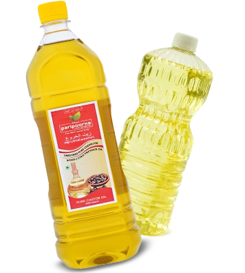 2 bottles of oil, one clearly labeled as castor oil at the front, the other blurred in the background.