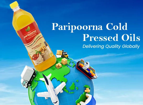 An advertisement for Paripoorna Cold Pressed Oils with a bottle on a globe & various modes of transport.