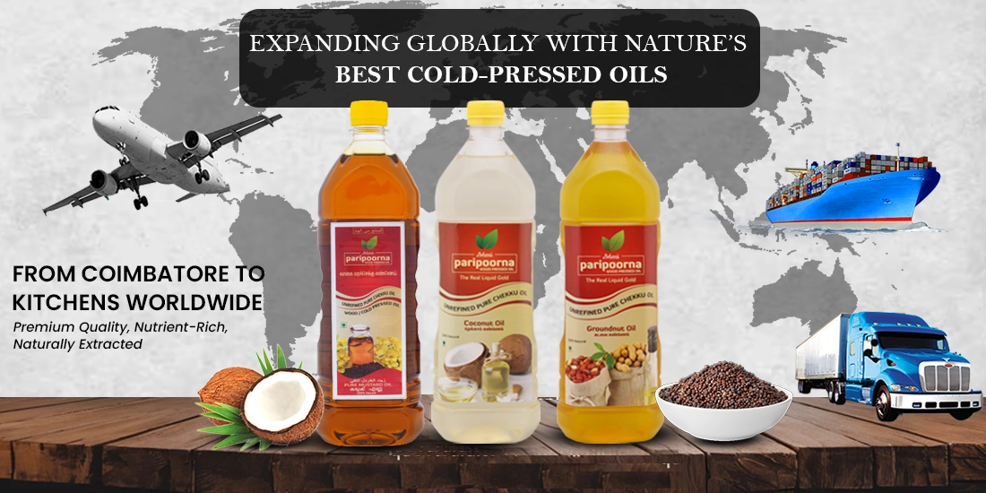 Ad for cold-pressed oils, highlighting global expansion with transport images (plane, truck, ship).