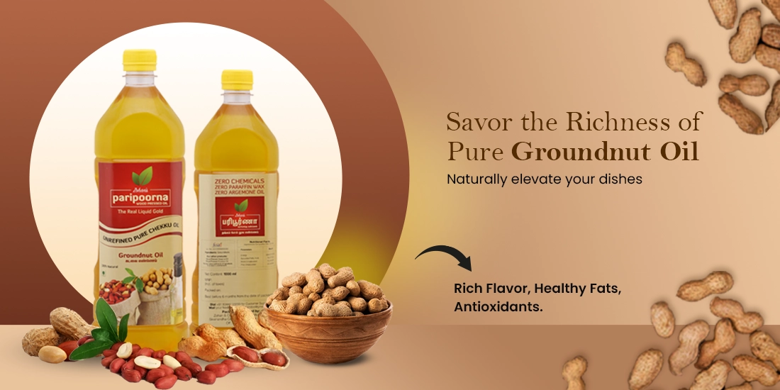 Two bottles of pure groundnut oil, displayed with whole peanuts and peanut kernels up front