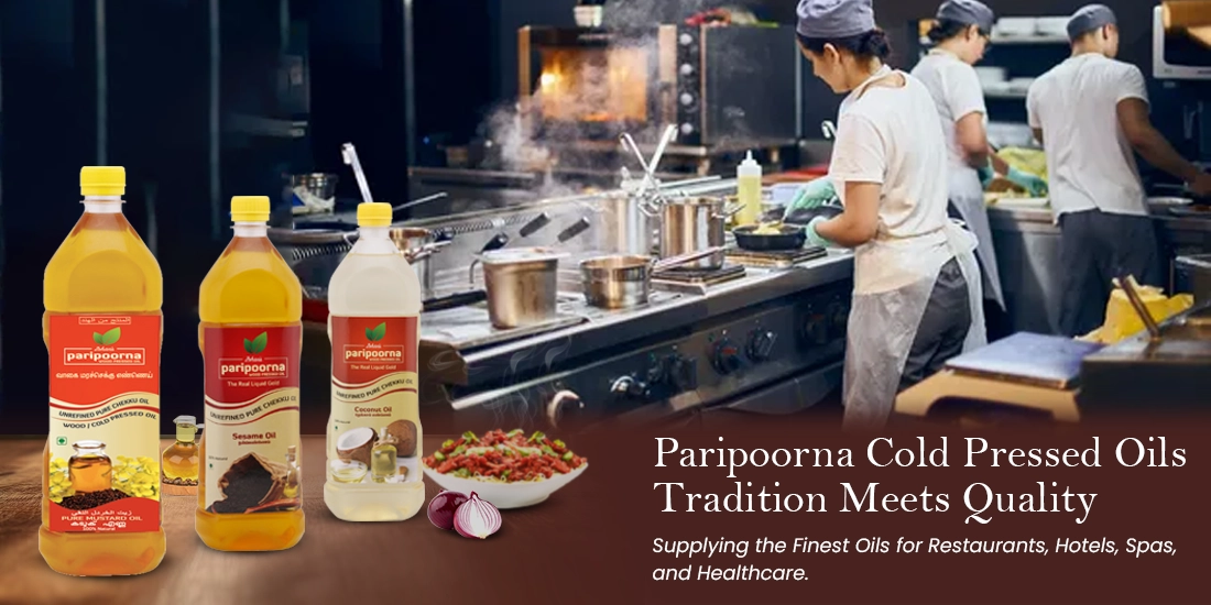 A group of diverse individuals actively in a kitchen, producing organic cold-pressed oil products.