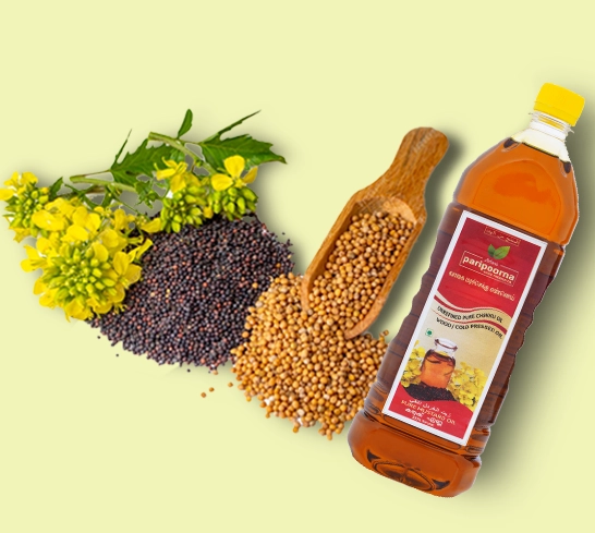 Organic mustard oil made with piles of black and yellow mustard seeds and mustard flowers.