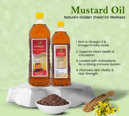 Two bottles of mustard oil with a list of health benefits and mustard seeds on a green background.