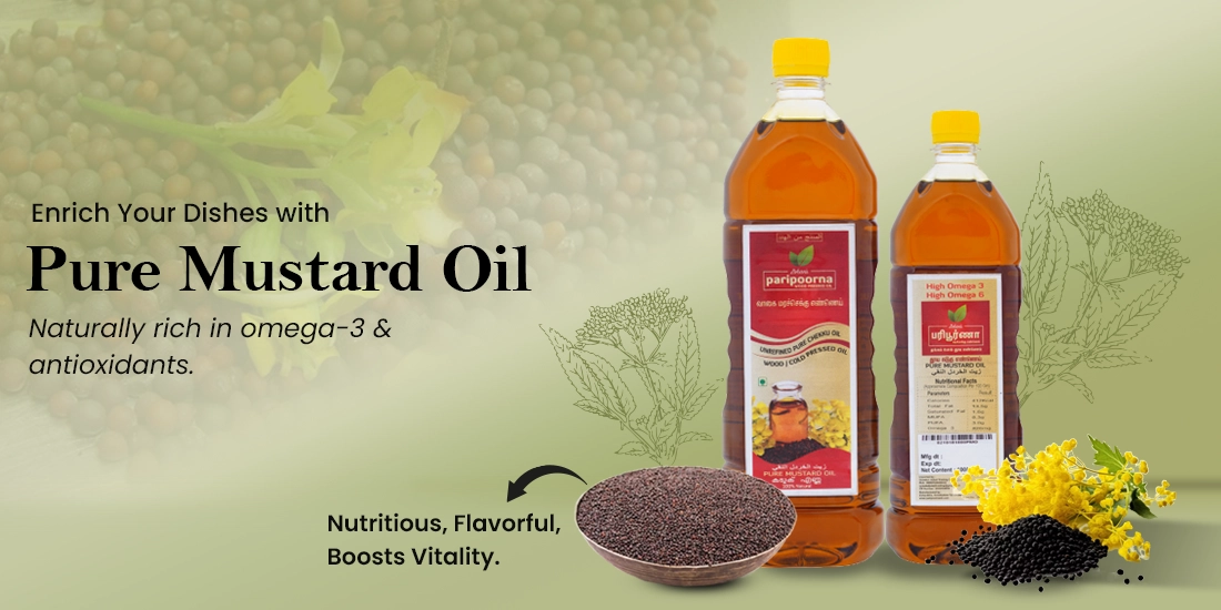Pure & fresh mustard oil in two bottles, seeds, and flower highlighting its health benefits.
