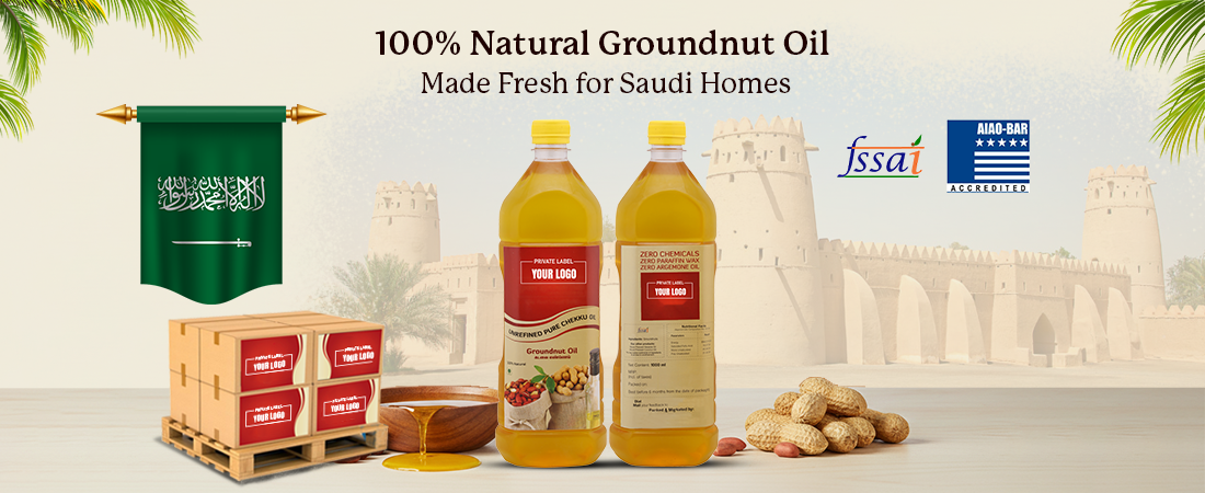 Premium 100 percent pure cold pressed groundnut oil offering natural flavor and freshness in Saudi Arabia.