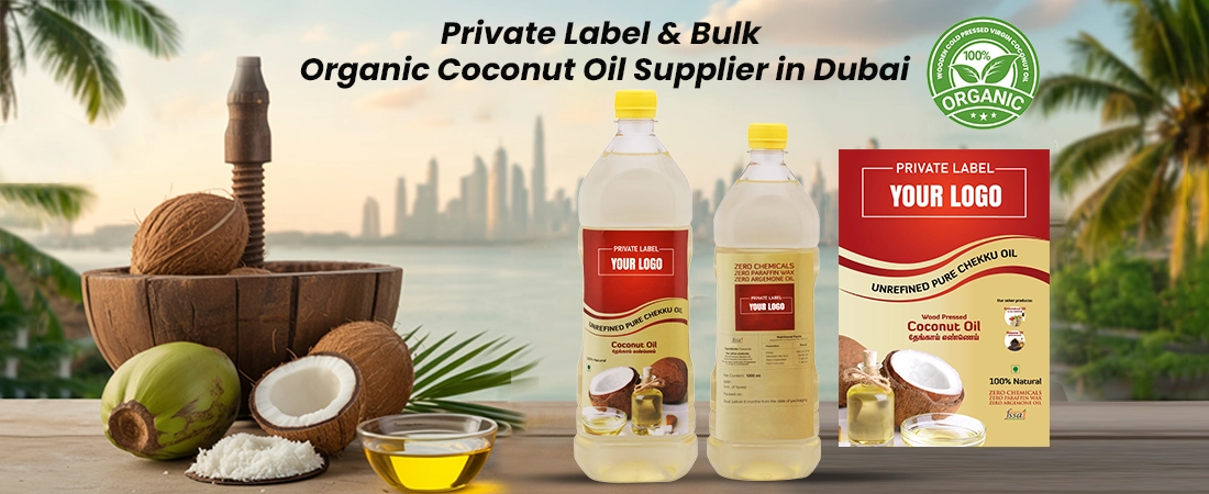 Organic coconut oil supplier in Dubai for private label, bulk orders, cooking, skincare, and hair care use.