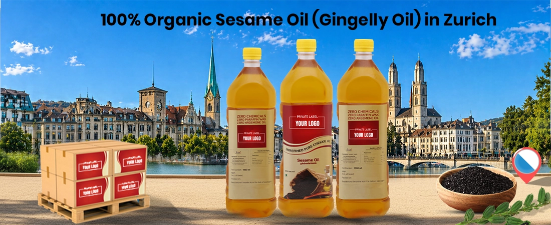 Three bottles of 100% organic unrefined pure chekku sesame oil positioned in front of the Zurich city skyline, featuring wholesale export boxes on a pallet and a bowl of black sesame seeds