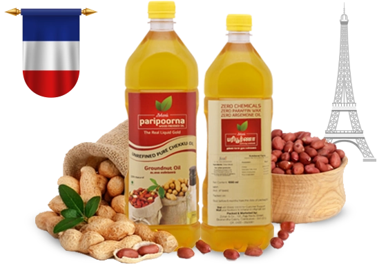 Bulk groundnut oil bottles with a shipping pallet and Paris city skyline background.