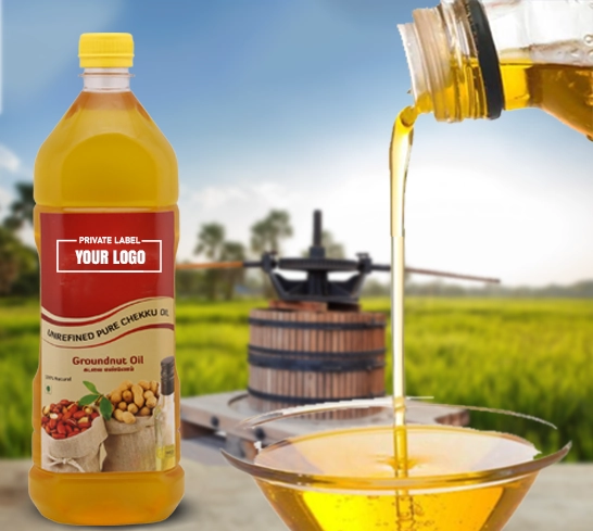 Groundnut oil gracefully pours into a bowl, set against a lush field backdrop, symbolizing purity.