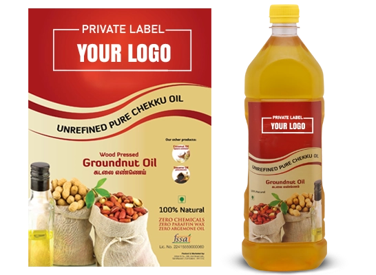 Unrefined pure groundnut oil with a customizable label and bottle design, perfect for private branding