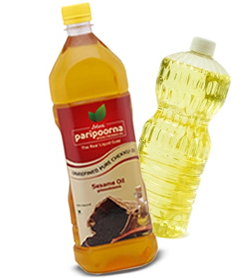 Two bottles of sesame oil showcasing their clear liquid contents and distinct private label service.