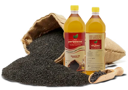 Black seeds and a pair of black seed oil bottles, featuring products from sesame oil producers.