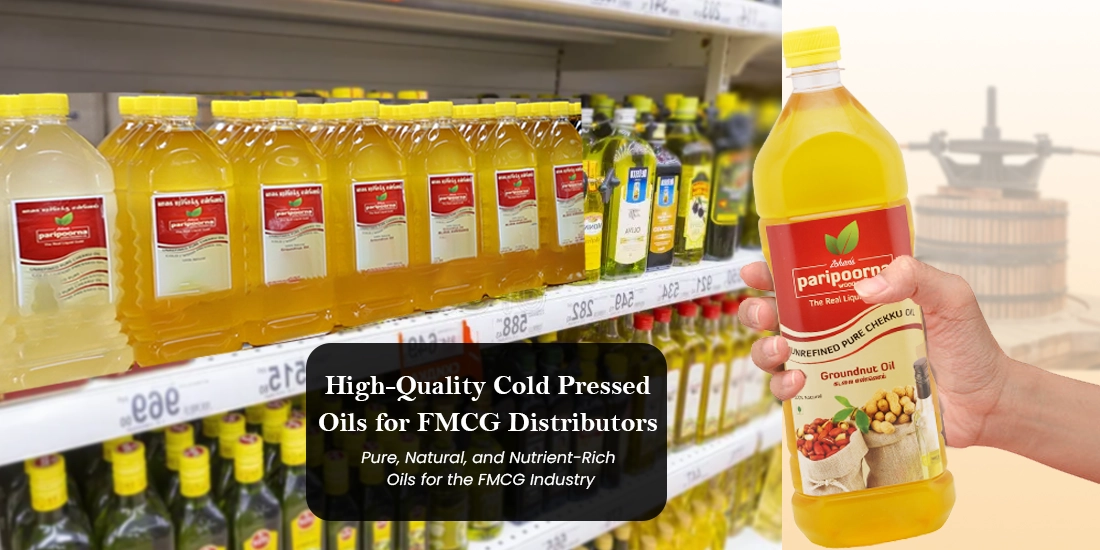 In a grocery store shelf paripoorna oil bottles are kept with high-quality cold-pressed oils.