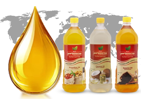 A big oil drop with bottles of groundnut oil, coconut oil, and sesame oil exporting worldwide.