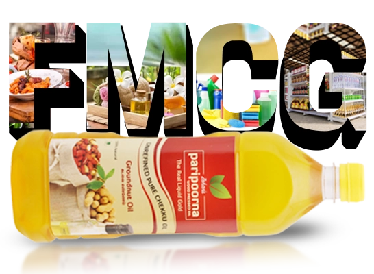 Collage of FMCG products: food, beverages, and household supplies with a bottle of oil in front.